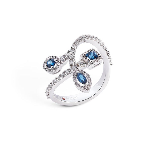 18 kt white gold ring with precious stones and diamonds