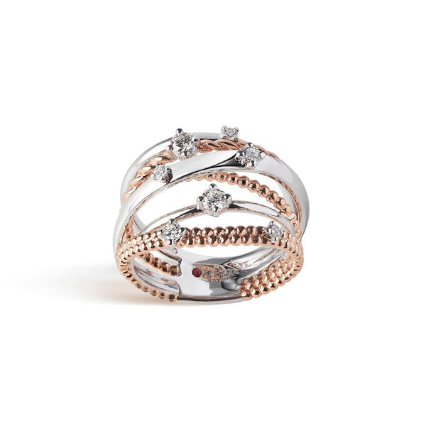 Intertwined bandring in 18 kt white and rose gold set with seven diamonds