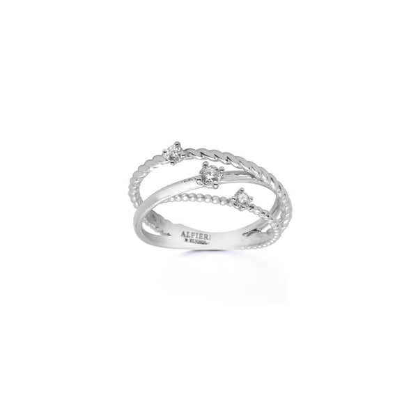 Intertwined bandring in 18 kt white gold set with hree diamonds