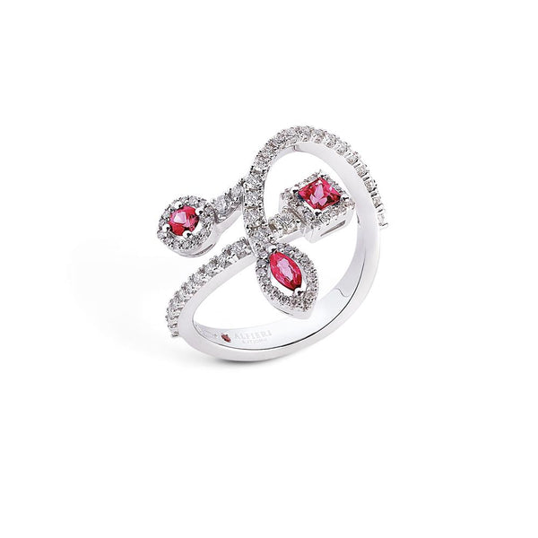 18 kt white gold ring with precious stones and diamonds