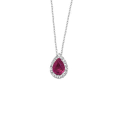 WHITE GOLD PENDANT WITH DIAMONDS AND PEAR CUT RUBY